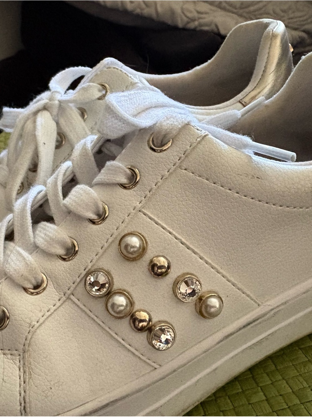 Nine West Women's White Pearl & Crystal Low-Top Sneakers